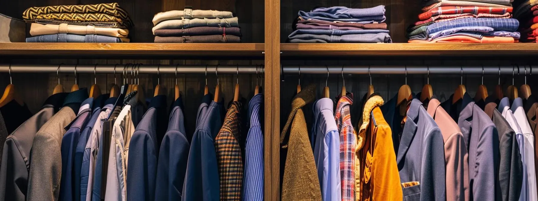 Organized small closet with folded clothes on shelves and hanging shirts and jackets, illustrating effective closet organization strategies for Manhattan homes.