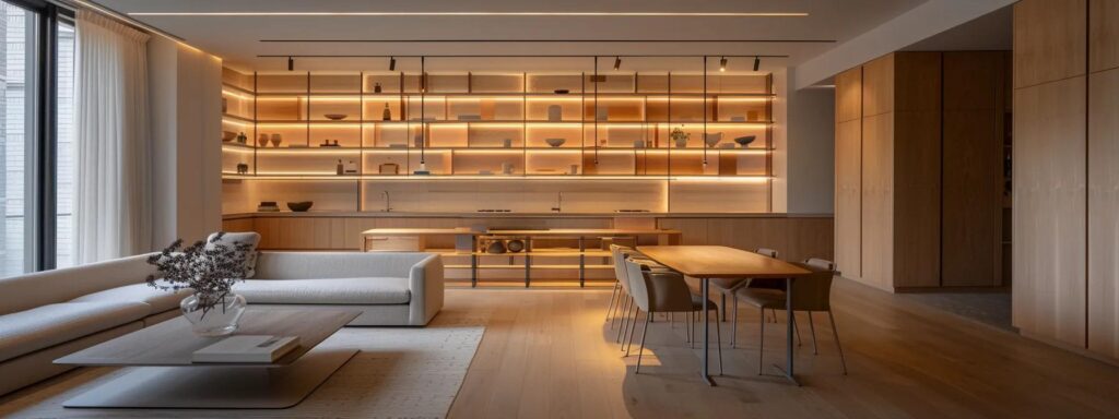 Sleek modern Manhattan apartment interior featuring a minimalist living space with a light wood dining table, stylish chairs, and illuminated shelving, embodying the principles of decluttering and functional design.