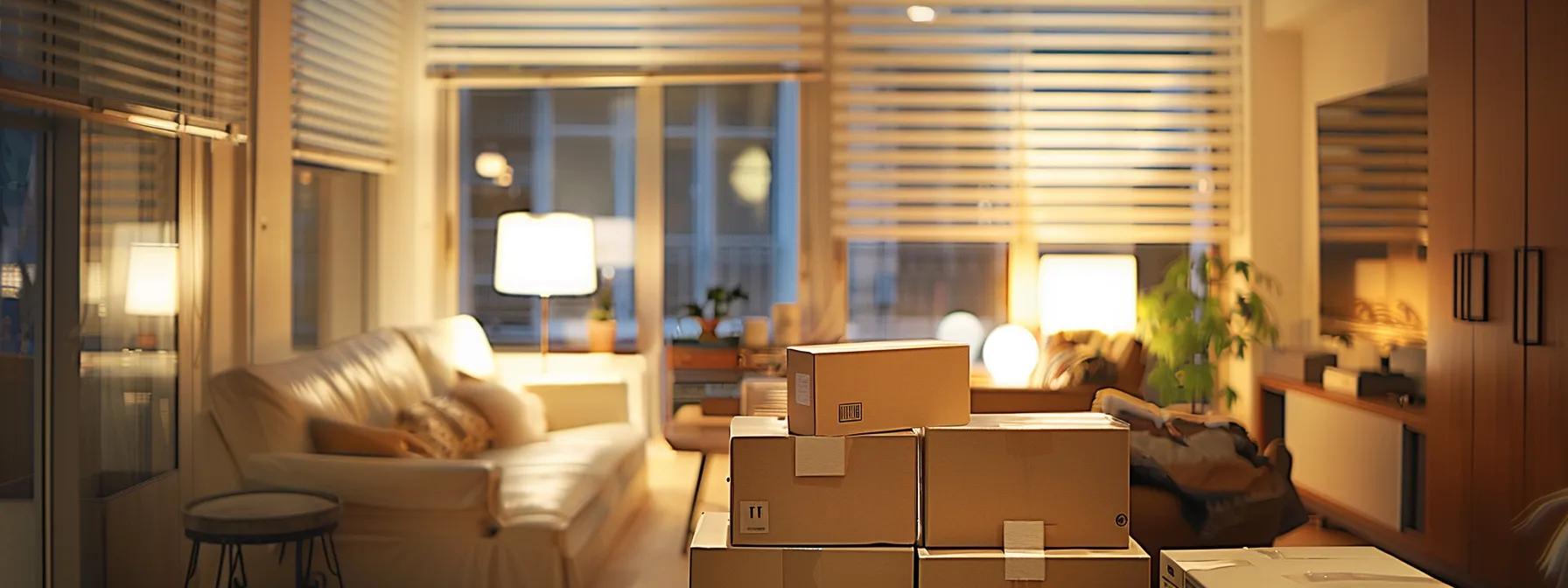 Brightly lit Manhattan apartment interior with stacked cardboard boxes, a cozy sofa, and a lamp, illustrating the process of decluttering and minimalism.