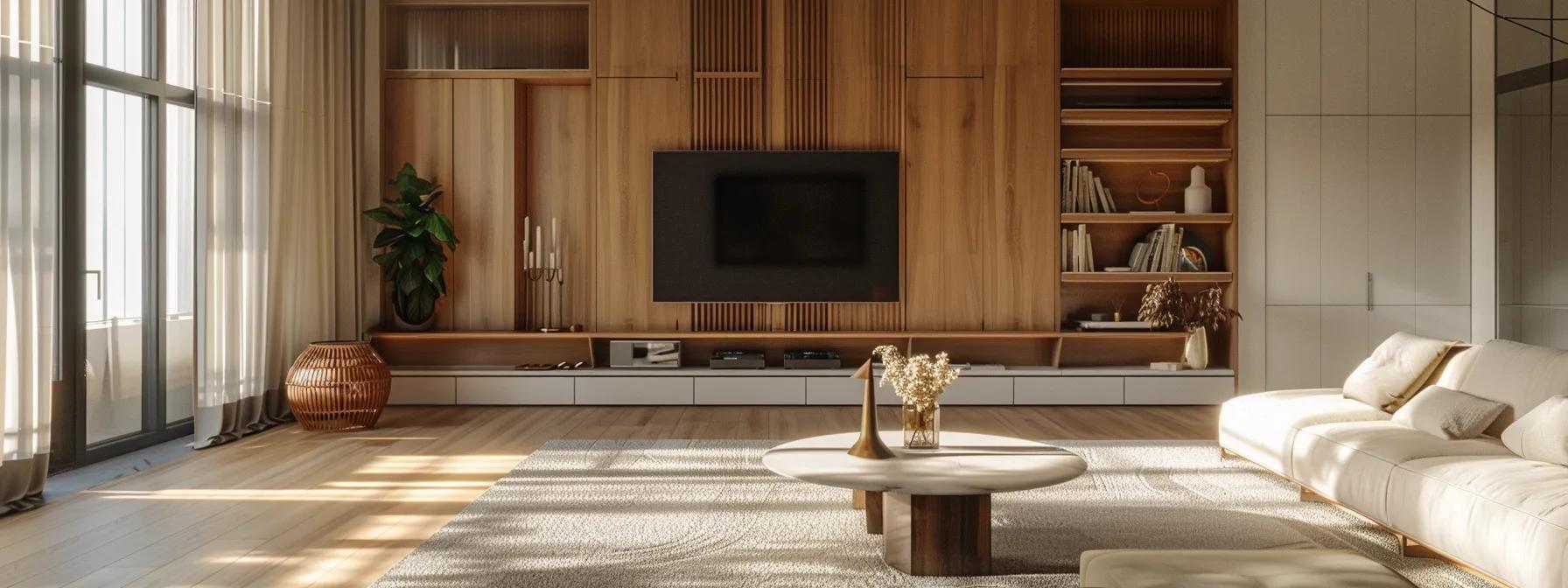 Modern Manhattan apartment interior featuring minimalist design, light wood accents, a large TV, a cozy white sofa, decorative plants, and a stylish coffee table with flowers, emphasizing a clutter-free and organized living space.