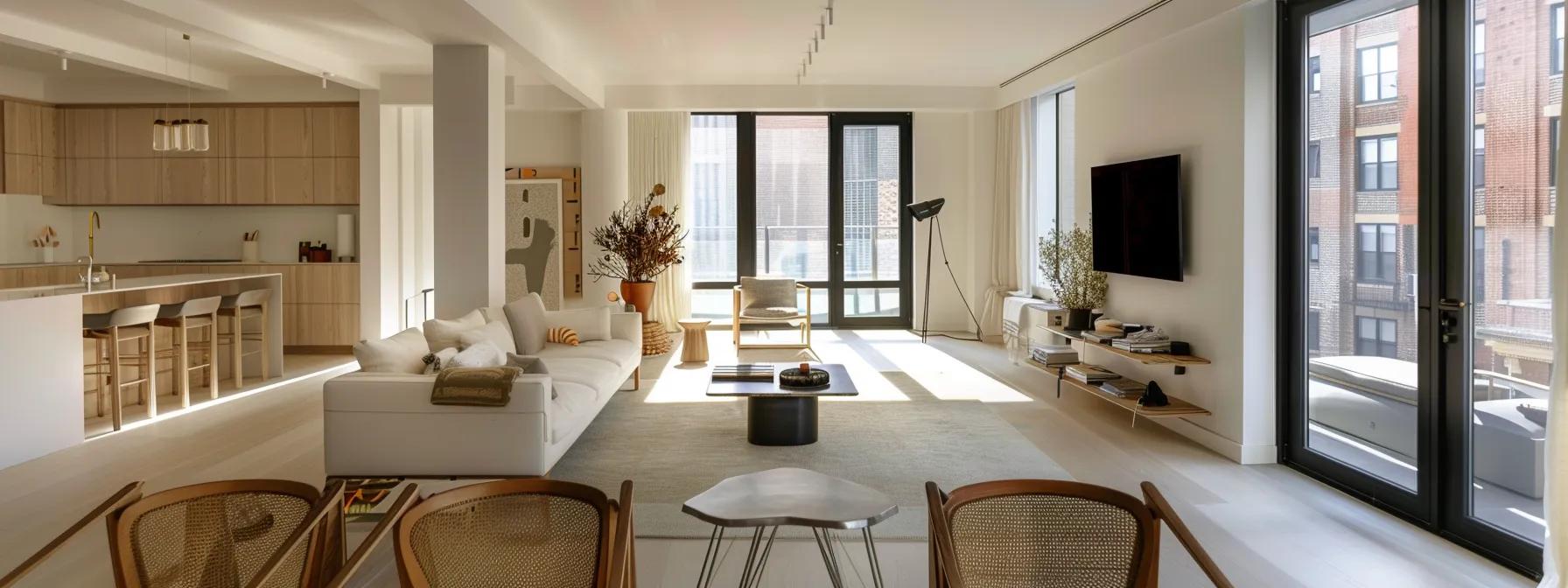 Modern minimalist living room in Manhattan featuring a sleek white sofa, wooden cabinetry, and large windows for natural light, emphasizing space and style for decluttering.