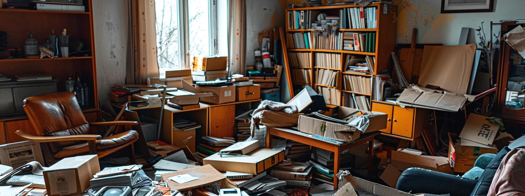 Cluttered room filled with disorganized books, papers, and furniture, illustrating the challenges of maintaining a minimalist home in Manhattan.