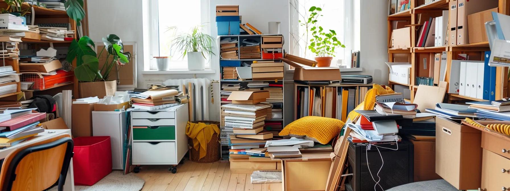 Cluttered workspace with stacks of papers, books, and storage boxes, illustrating the challenges of decluttering in a Manhattan apartment.