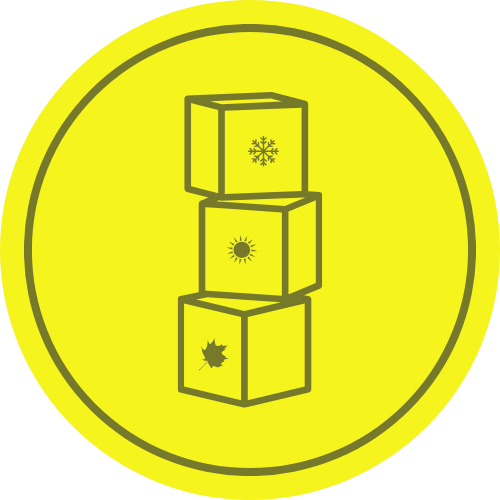 Seasonal closet organization icon: Boxes with winter, summer, and fall symbols, representing seasonal clothing storage.