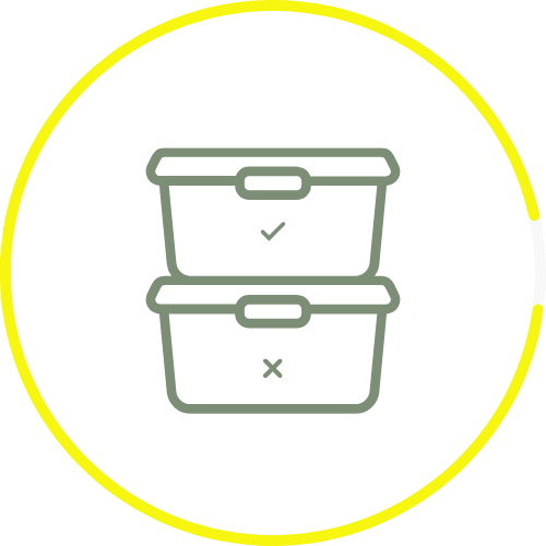 Two storage containers icon for closet organization, one with a checkmark and one with an X inside a yellow circle.