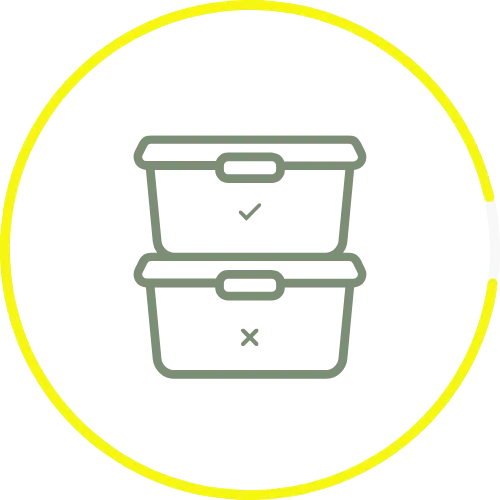 Icon of stacked storage bins with check and cross marks, symbolizing sorting and categorizing in organizational processes for efficient storage solutions.