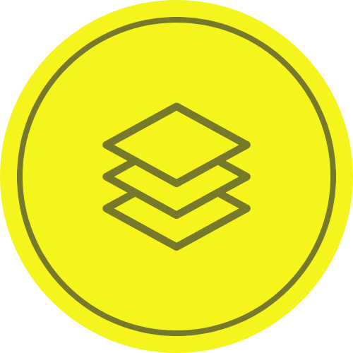 Icon representing system and layout design for organizing storage spaces, featuring stacked layers in a circular yellow background, symbolizing efficient organization and categorization.