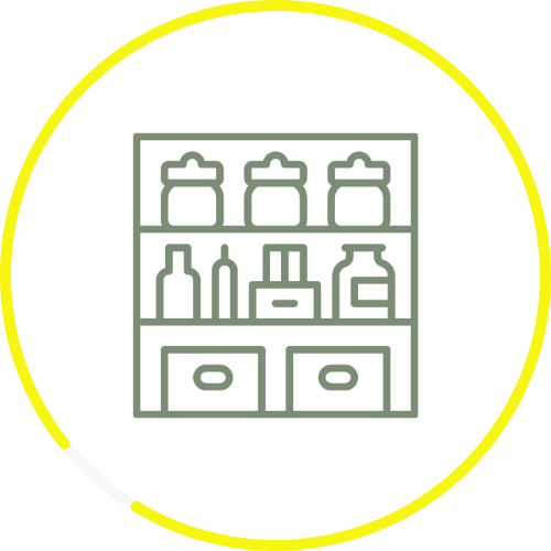 Kitchen organization graphic depicting labeled jars and containers on shelves, illustrating functional layout design for efficient storage and easy access in a clutter-free kitchen.