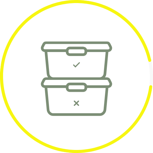 Icon of two storage bins, one marked with a check and the other with an X, symbolizing sorting and grouping for effective kitchen organization.