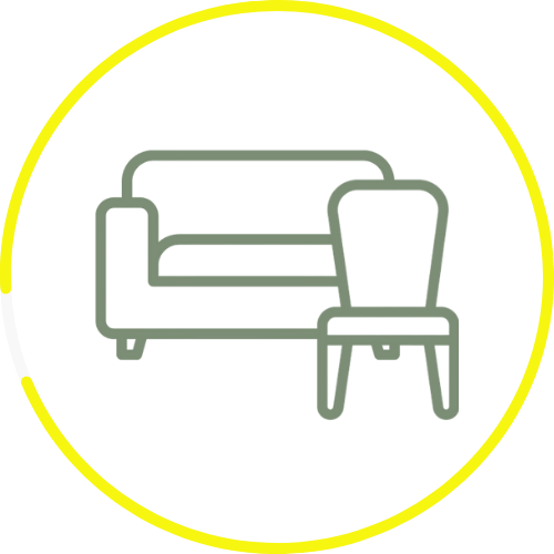 Simple line drawing of a sofa and chair, representing space planning and storage solutions for organizing personal belongings during end-of-life planning.