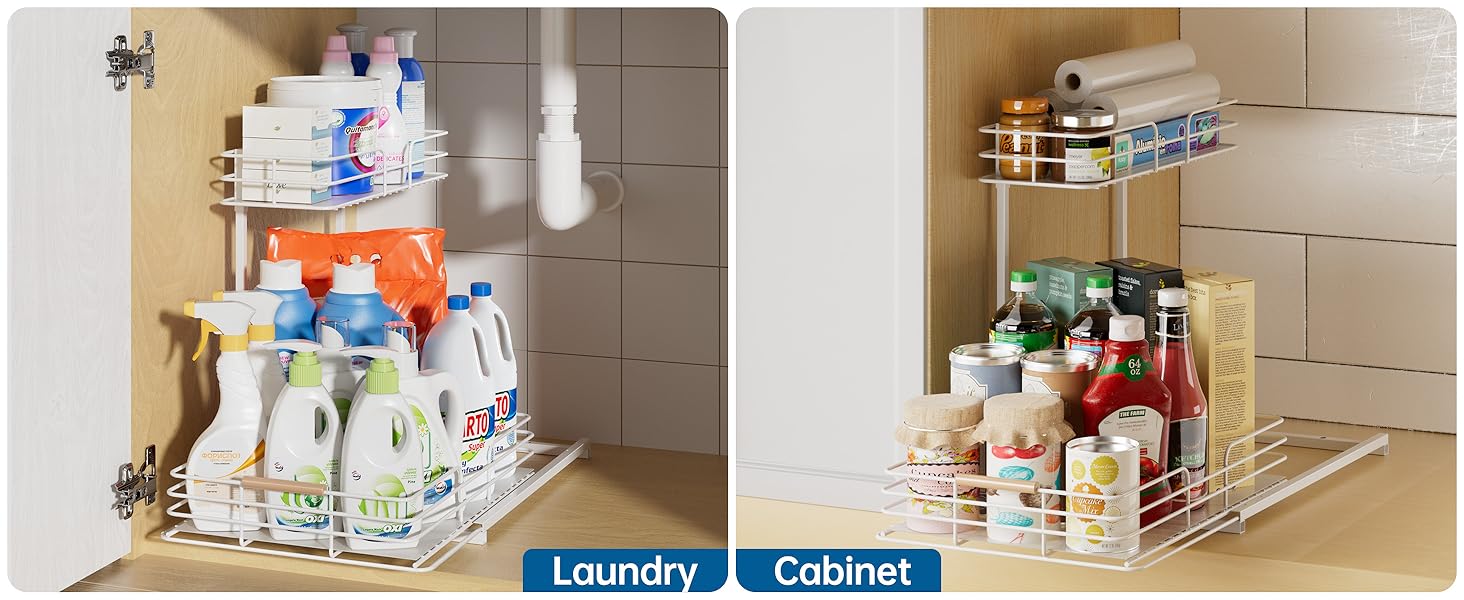 Under-sink organizer displaying two-tier metal rack holding cleaning supplies and food items, showcasing effective storage solutions for small spaces in NYC kitchens and bathrooms.