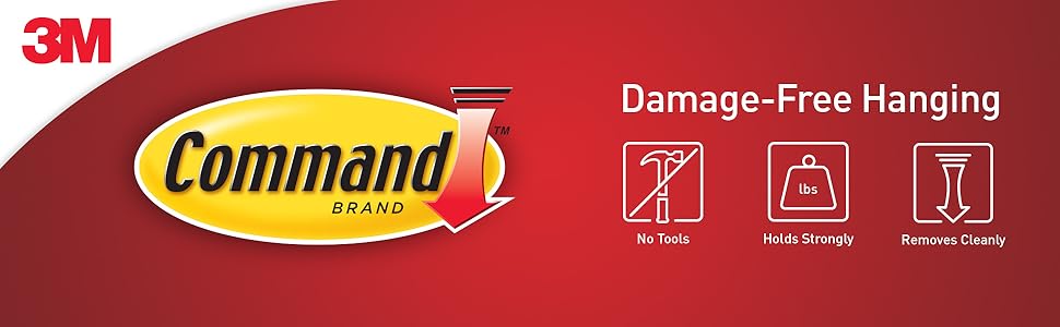 3M Command brand logo with "Damage-Free Hanging" text, highlighting features like "No Tools," "Holds Strongly," and "Removes Cleanly," promoting easy installation of wall hooks for organization.