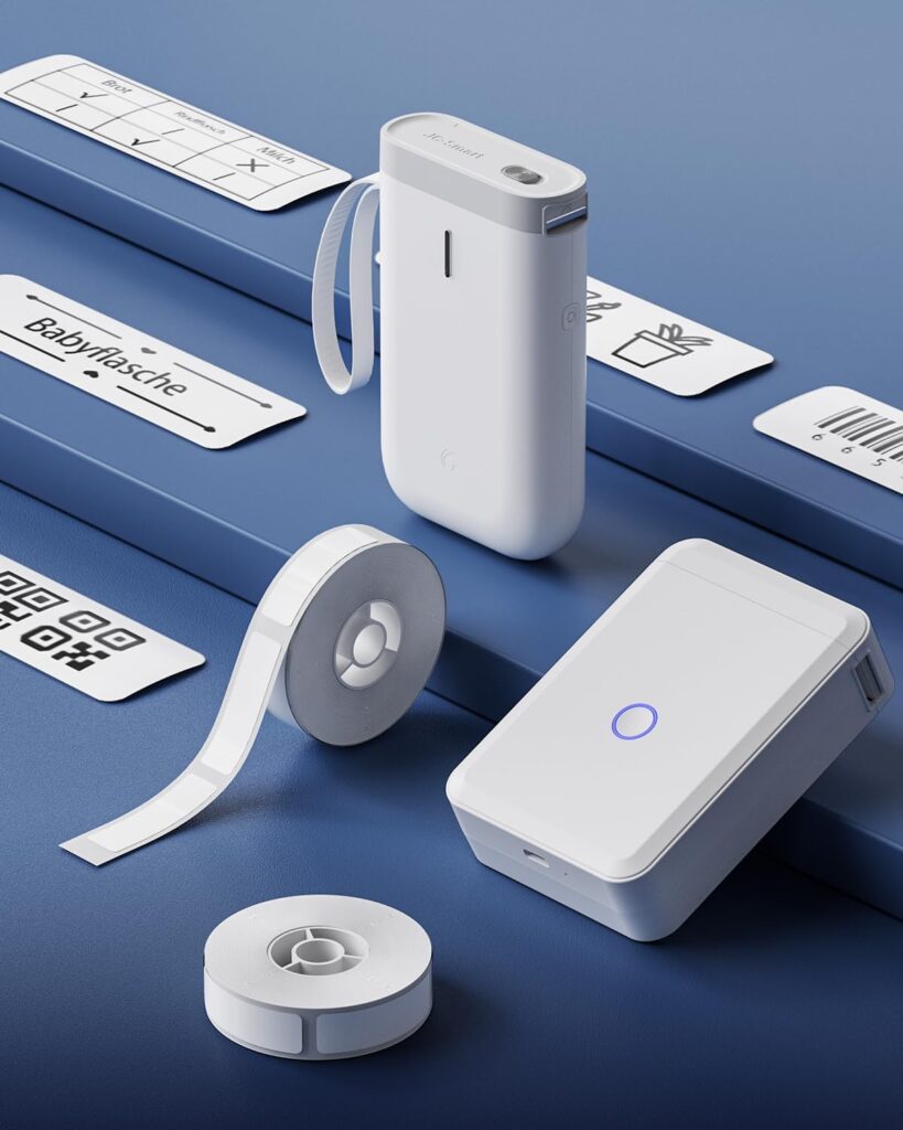 NIIMBOT D11 Bluetooth label maker with label rolls and printed labels on blue background, showcasing features for organizing in small spaces.