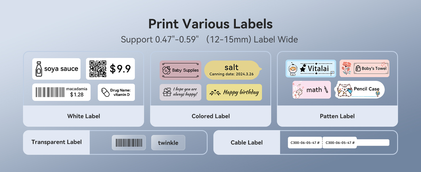 Variety of printed labels including white, colored, transparent, and patterned options showcasing uses for organizing items like "soya sauce," "baby supplies," and "salt," relevant for effective labeling solutions with NIIMBOT D11.