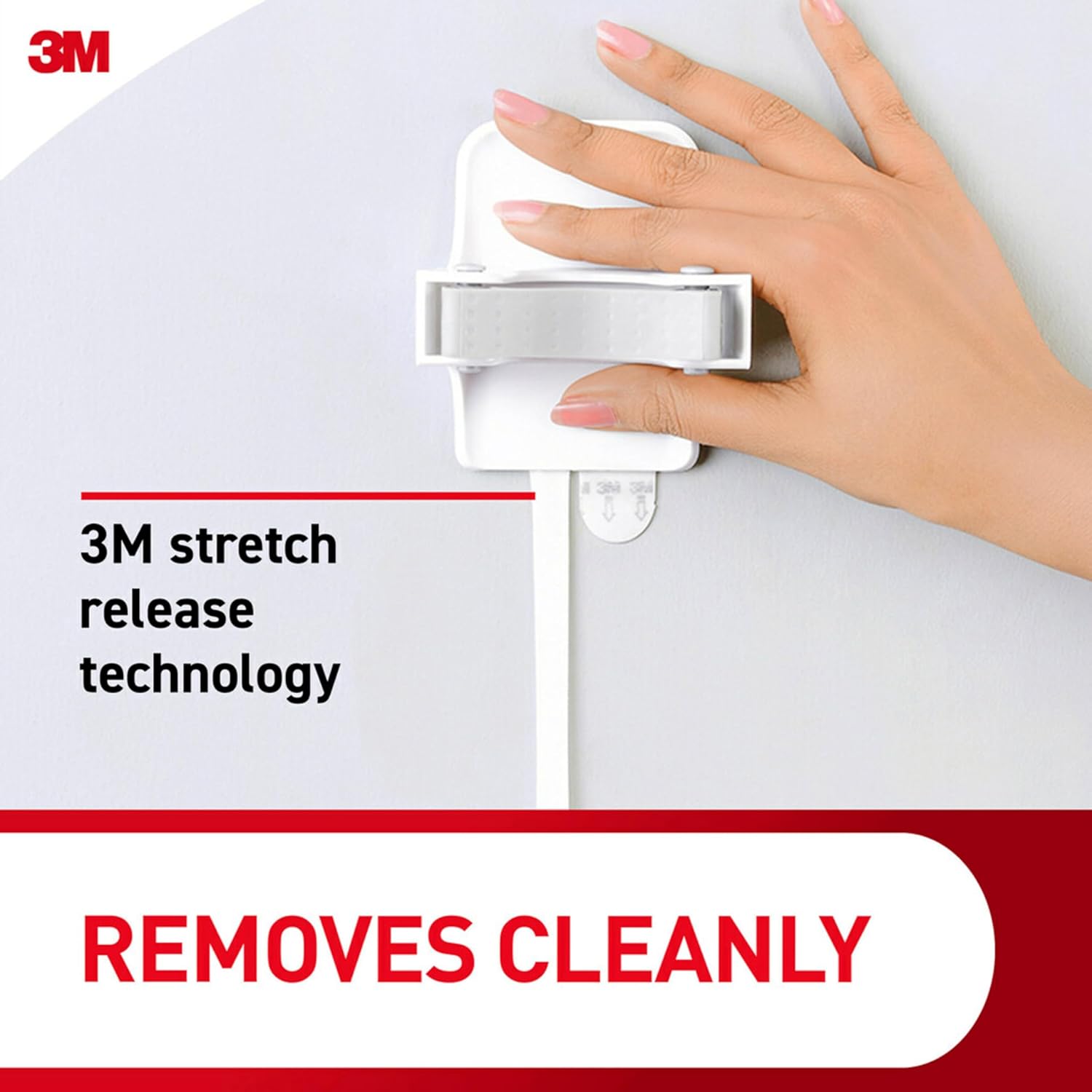 3M adhesive wall hook featuring stretch release technology, demonstrating easy removal without damage, ideal for enhancing organization in small spaces.