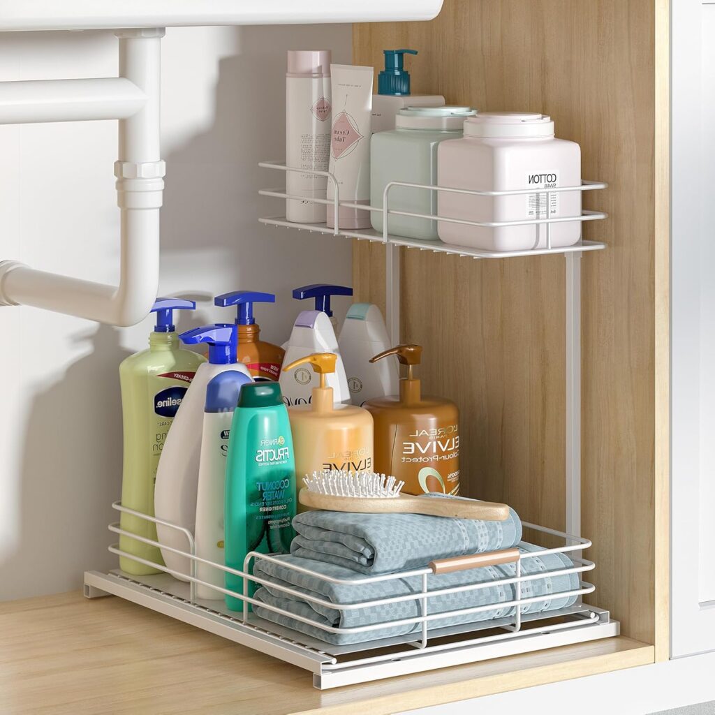 Under-sink organizer displaying neatly arranged bottles of cleaning products and personal care items, featuring a multi-tiered design for efficient storage solutions in small kitchens.