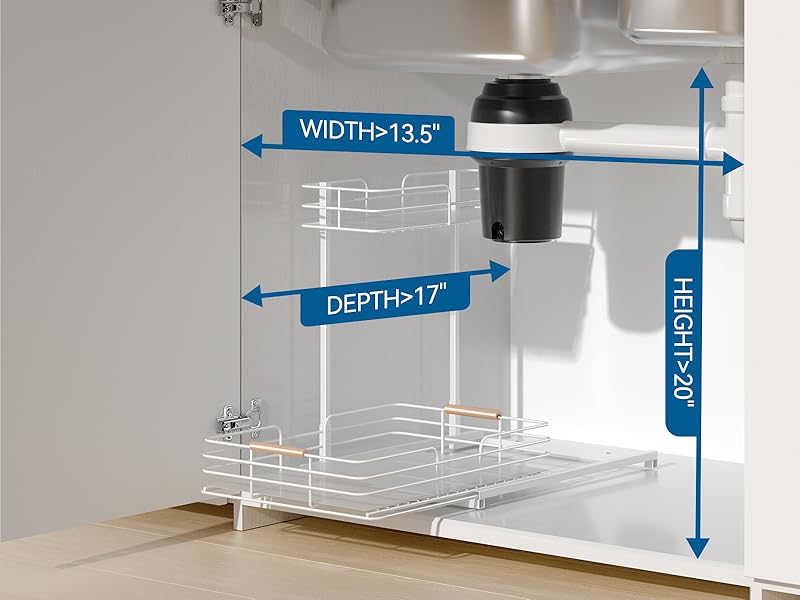 Under-sink organizer with pull-out design, measuring dimensions for optimal fit: width over 13.5 inches, depth over 17 inches, height over 20 inches, showcasing sturdy metal shelves and wooden handles for easy access to kitchen supplies.
