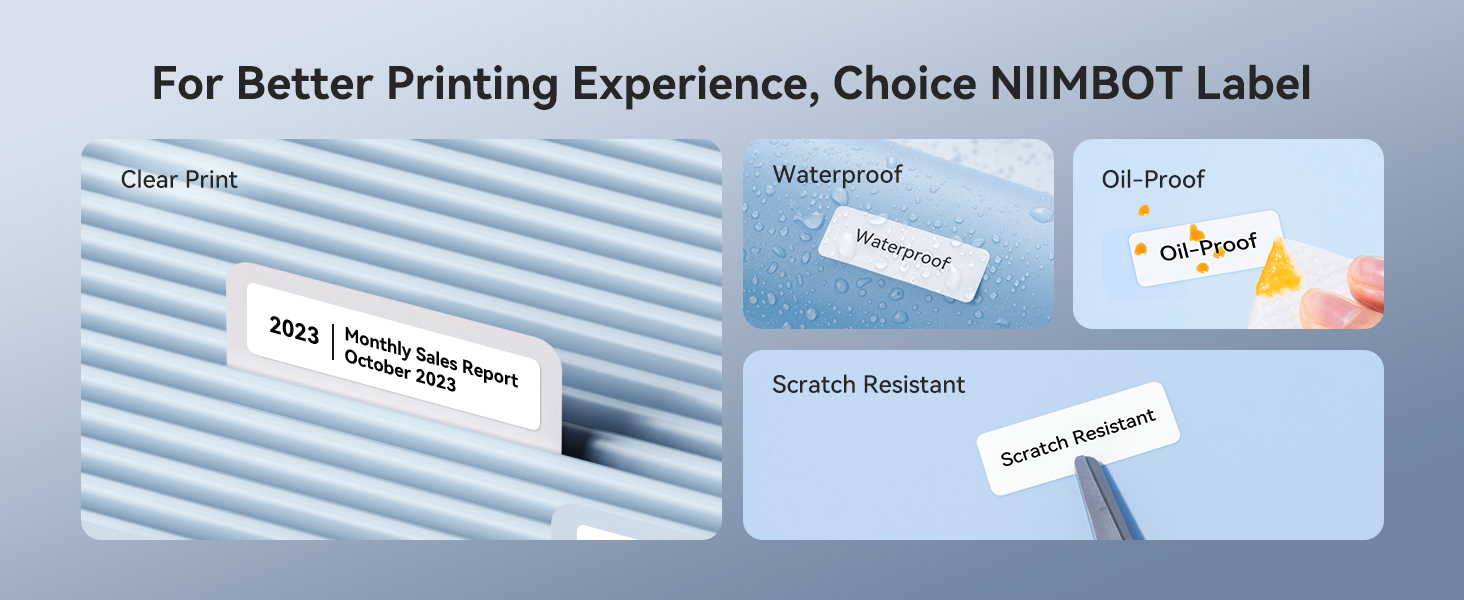 Clear print label showcasing "2023 Monthly Sales Report October 2023," emphasizing features like waterproof, oil-proof, and scratch-resistant for effective organization with the NIIMBOT D11 label maker.