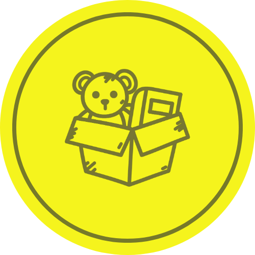 Brooklyn: A stylized yellow icon featuring a teddy bear and books inside a cardboard box, symbolizing moving or storage in Brooklyn.