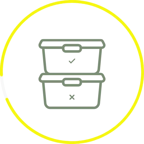 Icon of two storage bins, one marked with a check and the other with an X, symbolizing the process of minimizing unneeded products during senior downsizing for comfort and organization.