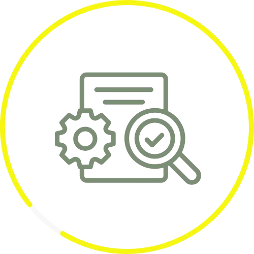 Icon representing optimization and organization, featuring a document with a gear and magnifying glass, symbolizing efficient space planning and thoughtful layouts for senior downsizing in NYC.
