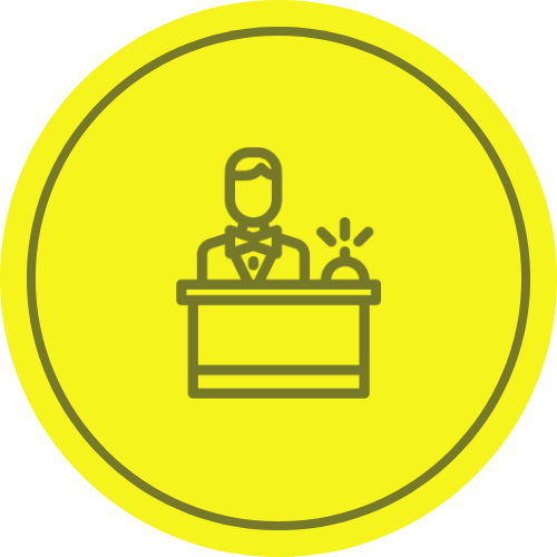 Illustration of a hotel front desk with a person and a bell, ideal for optimizing your storage room organization in New York, NY.