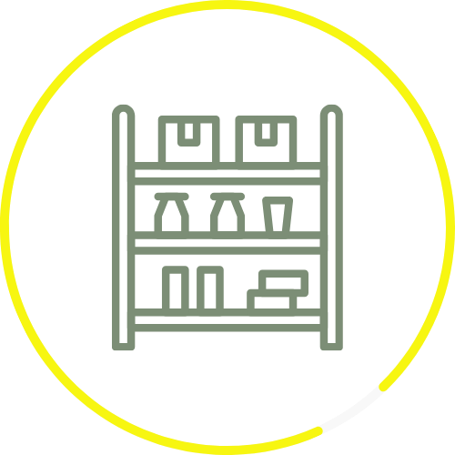 Brooklyn storage solutions: A shelf filled with boxes and containers, highlighted by a yellow circle, ideal for home or business organization.