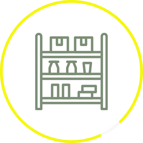 Illustration of a shelving unit with storage boxes and jars, representing smart storage solutions for seniors downsizing in NYC, emphasizing organization and accessibility.