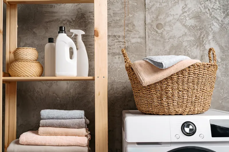 Wooden shelving unit holding laundry essentials with a wicker basket atop a washing machine to keep your home stays organized